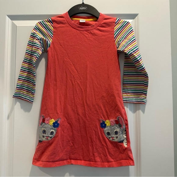 Penelope Plumm Coral Dress with Striped Sleeves and Cats - Picture 1 of 5